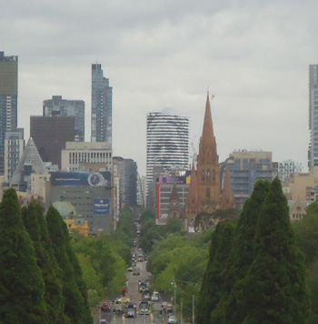 Melbourne from the War Memorial Museum near the Botanical Gardens with the Architect's face depicted on the building he designed